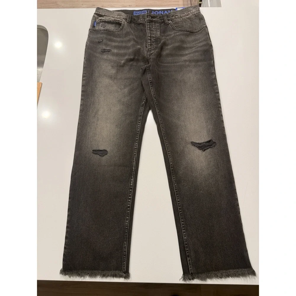 Hugo Boss Jonah Straight Fit Jeans Dark Grey Distressed Denim 50541593 36x32 NWT